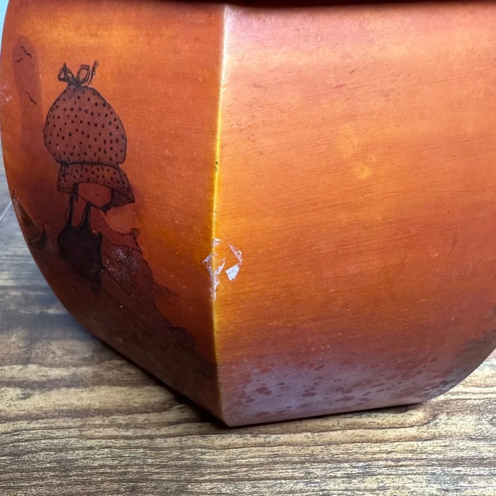 Vintage Wooden Octagon Sewing Box Sunbonnet Girl Illustrations Storage Bin